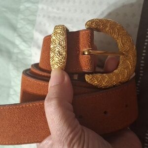 Luxurious Burnt Orange Leather Belt with Gold Buckle